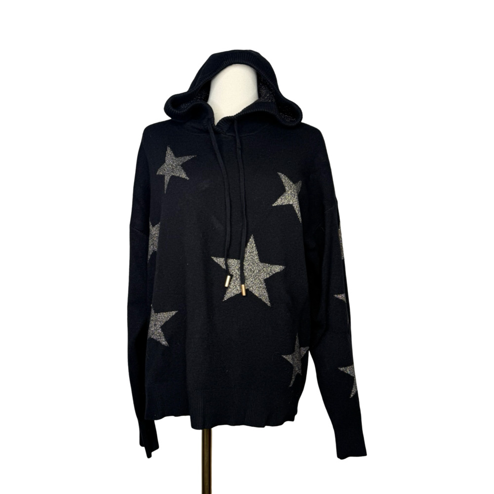 Calligraphie Black Knit Pullover Hoodie with Metallic Star Pattern Sz. XL